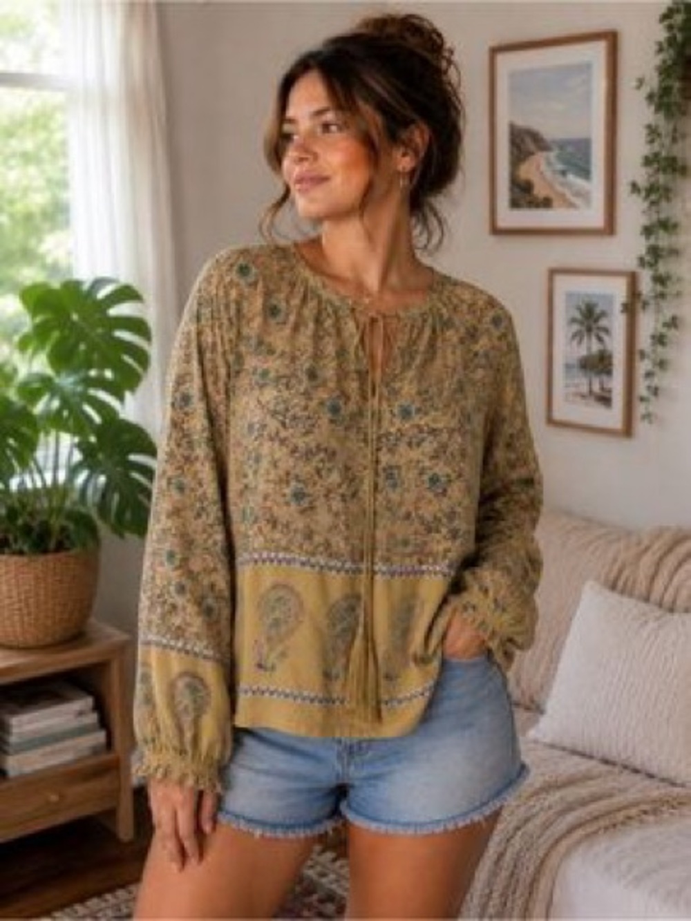NATURAL LIFE Floral Paisley Bohemian Peasant Top